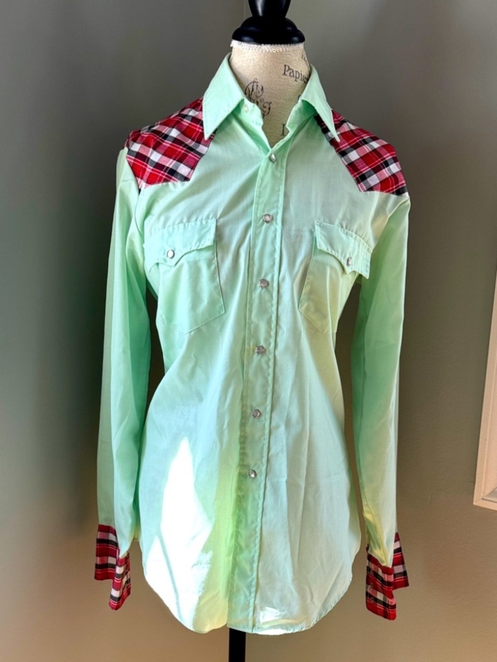 Vintage Double‎ S Mint Green Red Plaid Pearl Snap Western Shirt